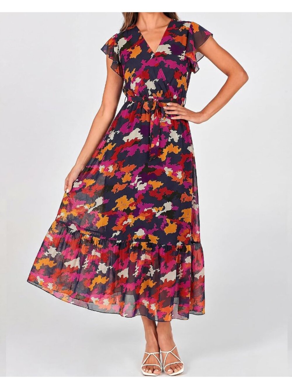 Women's Blue Orange Flower Classic V Neck Casual Sleeveless Pull On Midi Dress - Picture 2 of 5